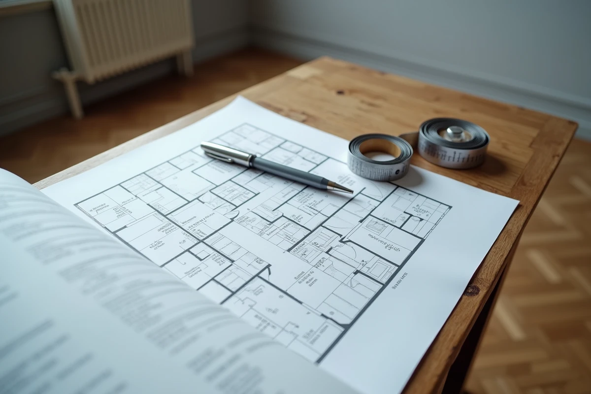 Plan de chambre avec mètre ruban et documents réglementaires sur un bureau, illustrant les règles de surface minimale et la loi Carrez pour une location