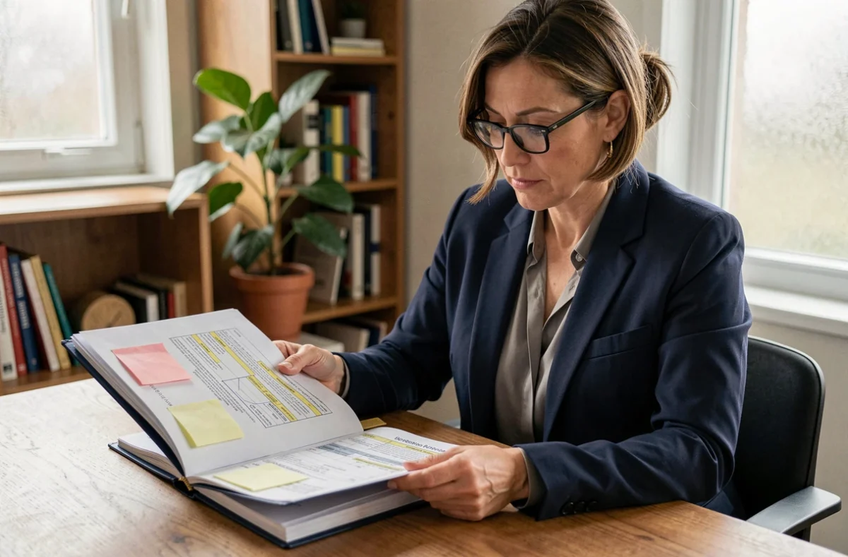 Femme préparant un dossier de mutation de logement avec des documents administratifs sur un bureau en bois