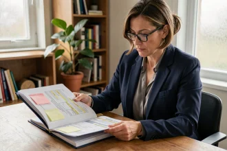 Femme préparant un dossier de mutation de logement avec des documents administratifs sur un bureau en bois
