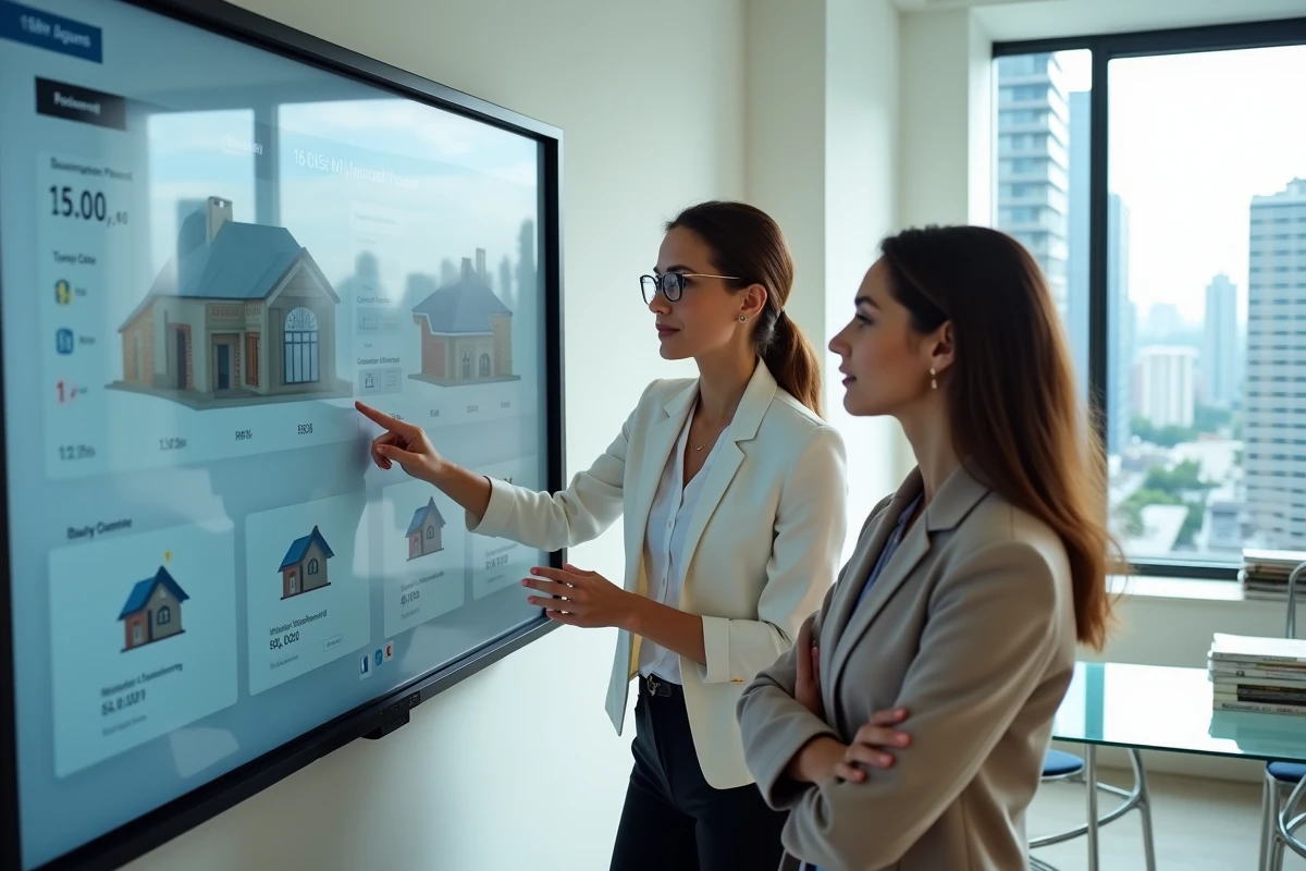 Deux professionnelles de l'immobilier consultant un tableau de bord d'estimation de biens sur écran dans une agence moderne