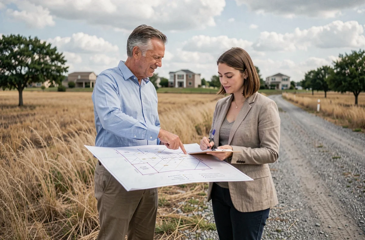 Deux professionnels de l'immobilier analysant un plan cadastral sur un terrain pour éviter des erreurs de conversion d'acres en mètres carrés