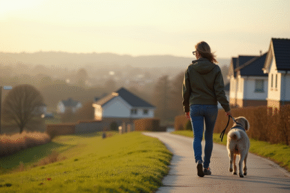 Femme marche son chien dans un quartier moderne