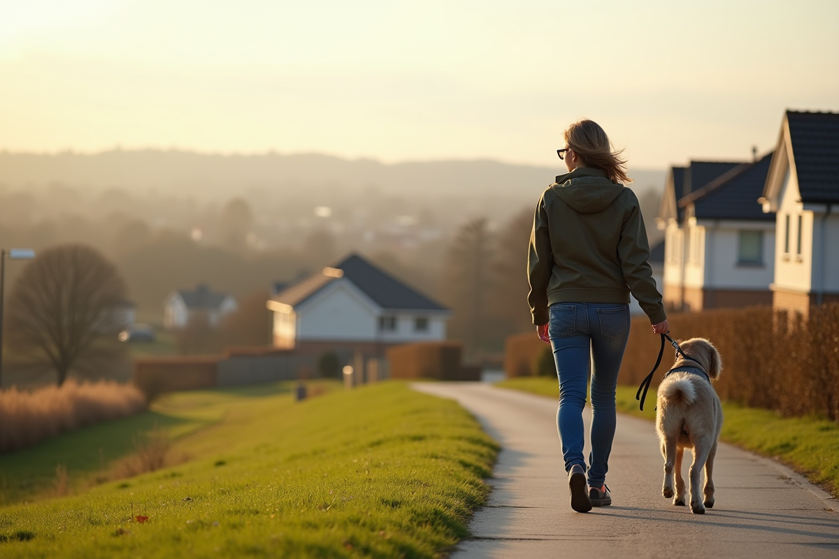 Femme marche son chien dans un quartier moderne