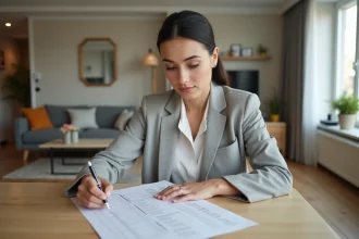 Propriétaire vérifiant une liste de biens meublés lors d'un état des lieux dans un appartement moderne