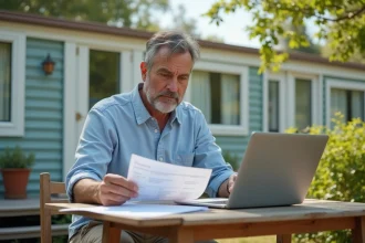 Propriétaire de mobil home consultant un simulateur de rachat sur laptop devant son mobil home dans un parc résidentiel