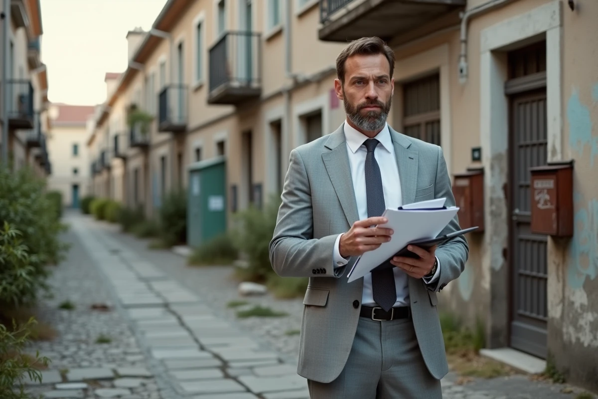 Agent immobilier devant des immeubles dégradés dans un quartier de Fréjus à éviter pour la revente