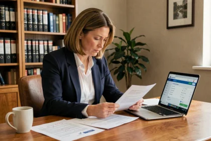 Femme consultant la base Patrim des impôts sur ordinateur avec des documents immobiliers étalés sur un bureau en bois
