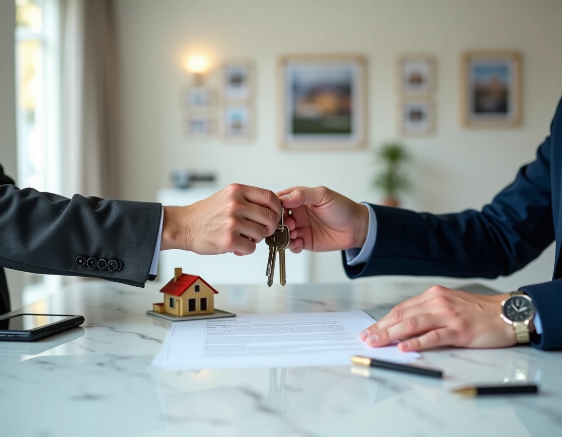 Remise des clés et signature d'un acte de vente immobilière illustrant la garantie d'éviction dans une transaction