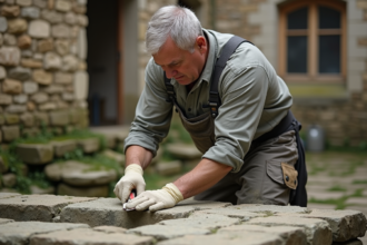 Homme concentré appliquant du mortier sur un vieux mur en pierre