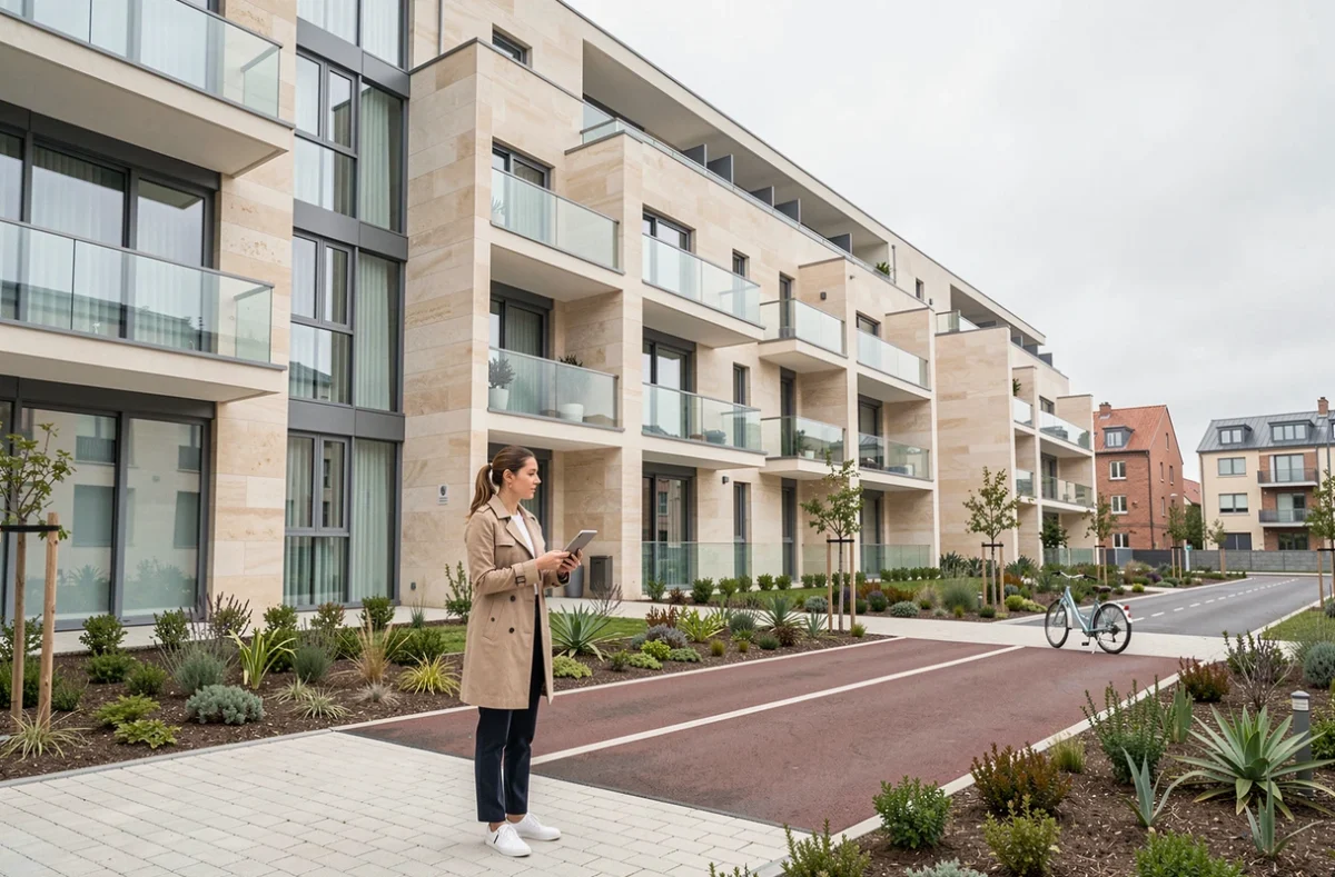 Femme devant une résidence neuve éligible à la loi Pinel à Bordeaux pour un investissement locatif