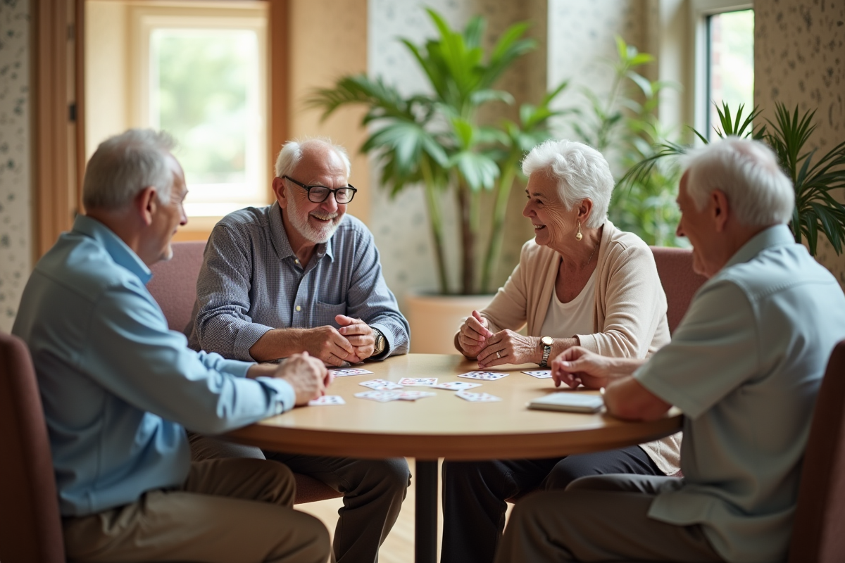 Groupe de seniors jouant aux cartes en convivialite