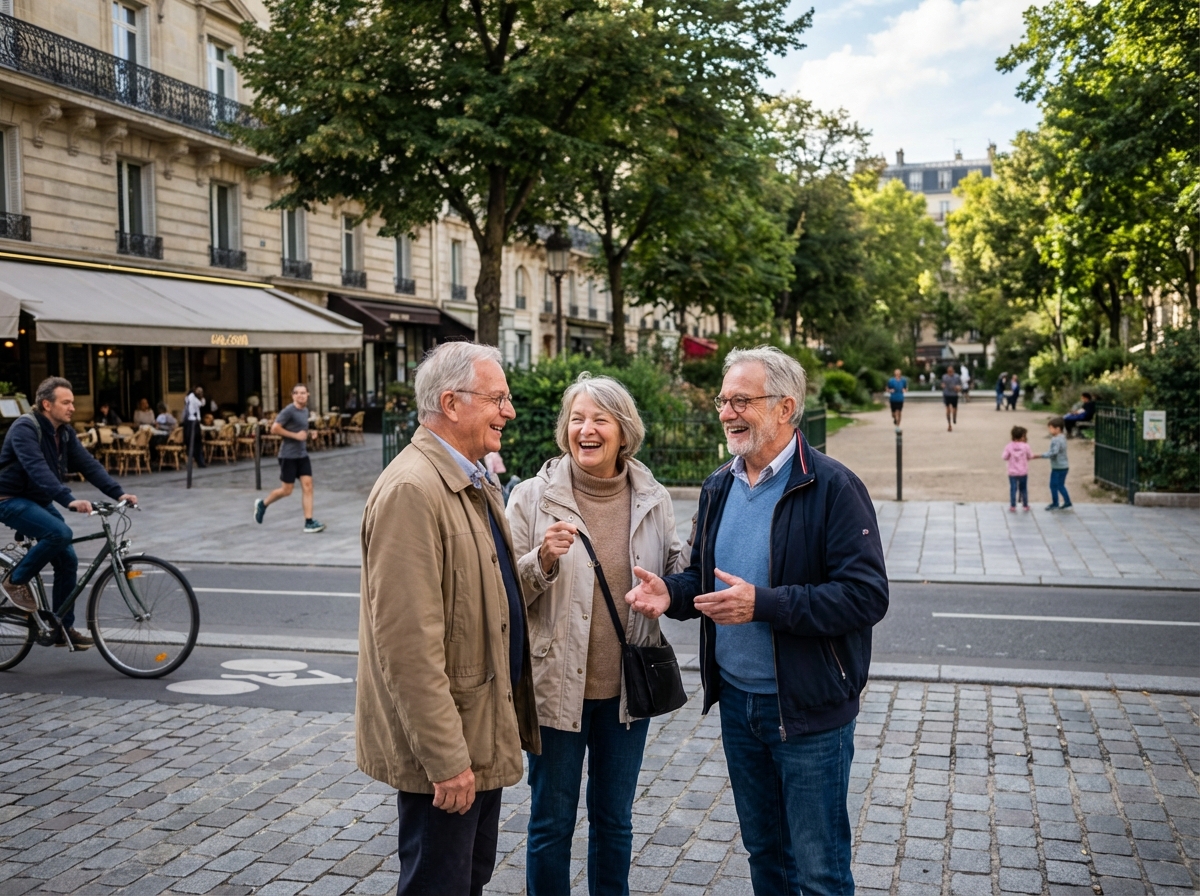 Retraites discutant dans un parc urbain en France