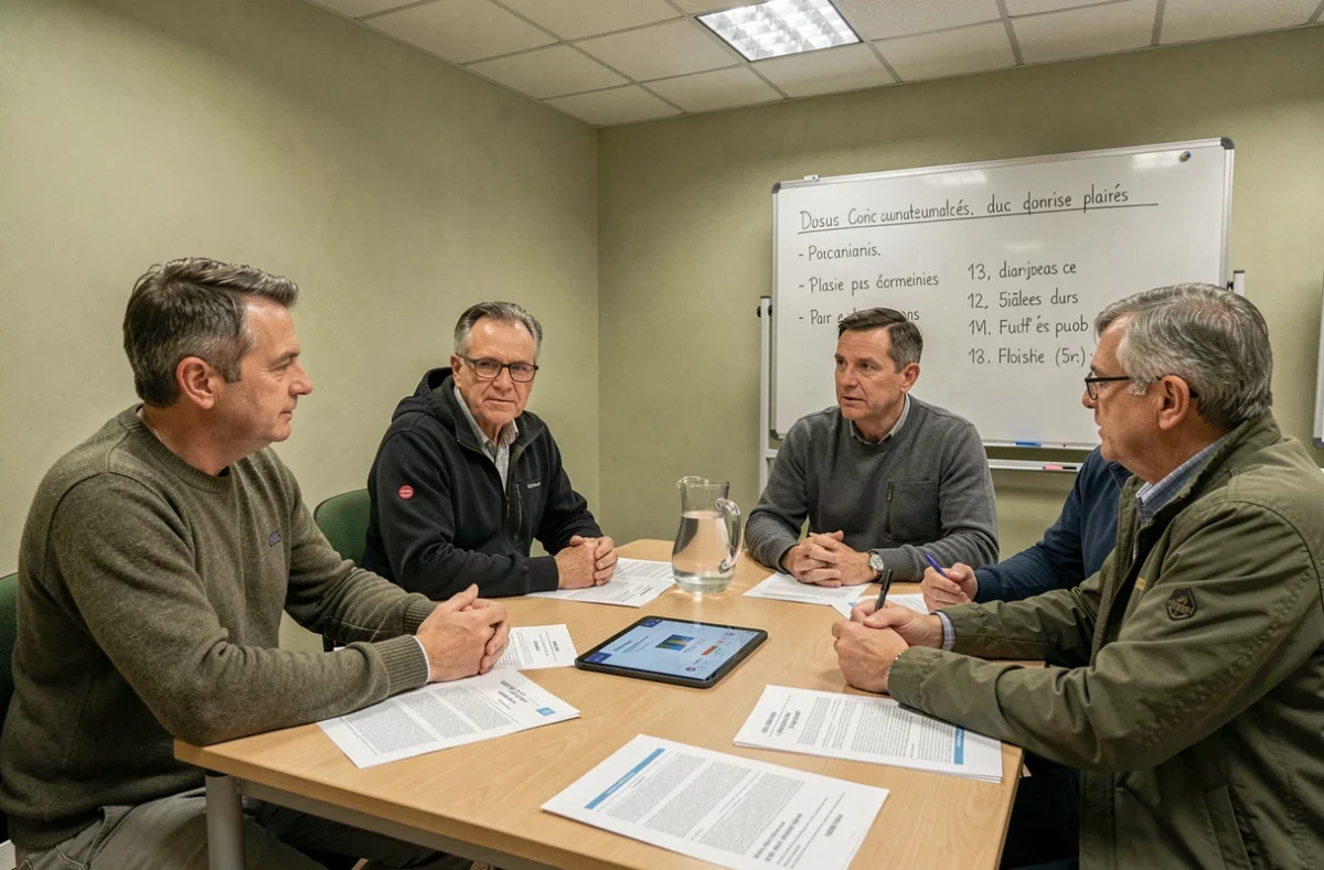 Réunion de copropriétaires autour d'une table avec documents et tablette pour gestion du syndic en ligne