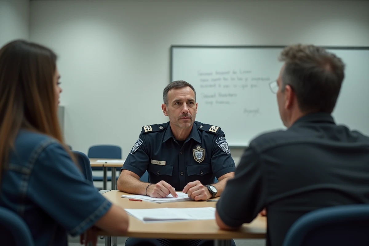 Réunion entre un agent de liaison policière et des habitants dans une salle municipale de Créteil, dialogue communautaire