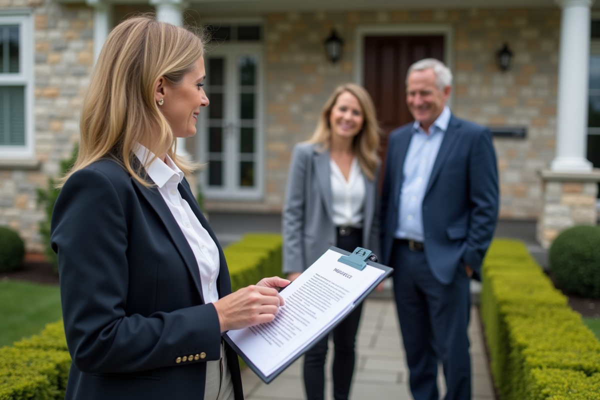 Propriétaire discutant avec un couple devant une maison