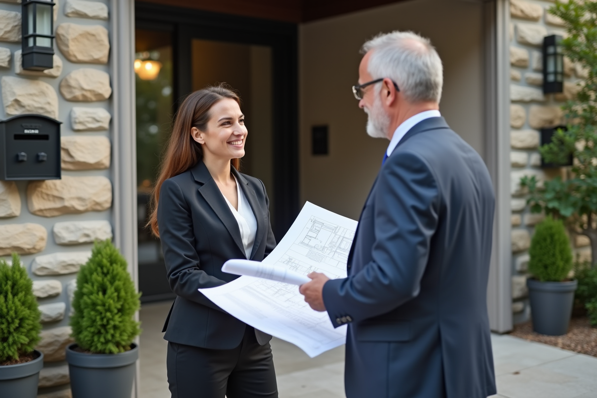 Gestionnaire immobilier discutant plans avec un homme devant un immeuble