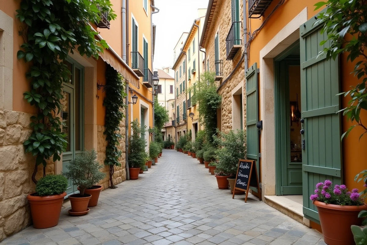 Rue pittoresque et huppée du quartier Endoume à Marseille avec façades en pierre ocre et volets verts, boutique indépendante en rez-de-chaussée