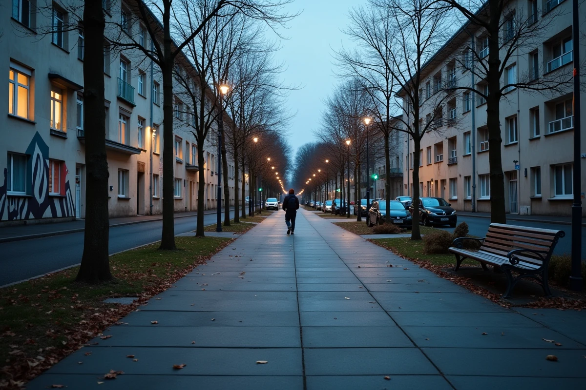 Rue piétonne déserte d'un quartier de Créteil en fin de journée, ambiance urbaine et architecture de banlieue parisienne