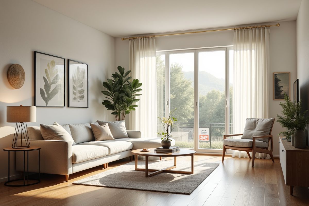 Salon lumineux avec décoration moderne et panneau vente visible