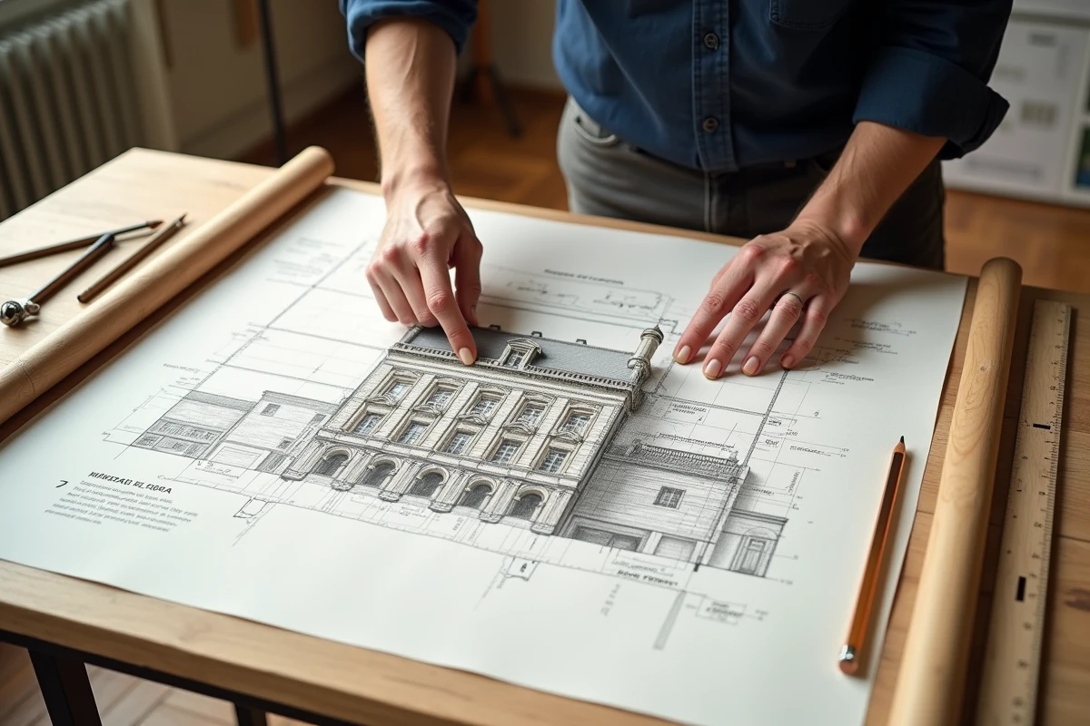 Architecte étudiant un schéma technique d'immeuble haussmannien sur une table à dessin avec règles et annotations en français