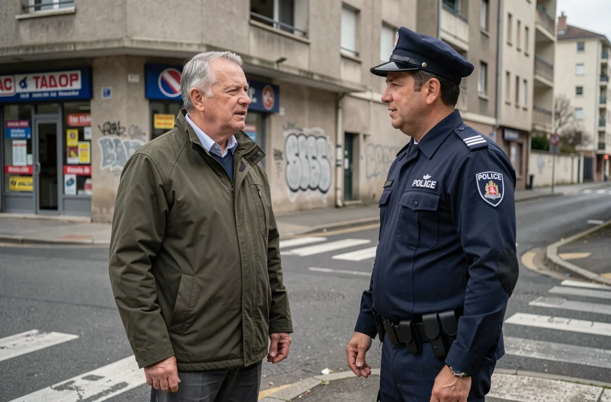 Habitant en discussion avec un policier municipal dans un quartier de Saint-Étienne