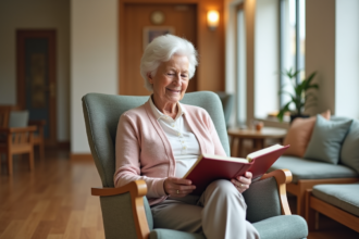 Femme âgée lisant un livre dans un salon moderne