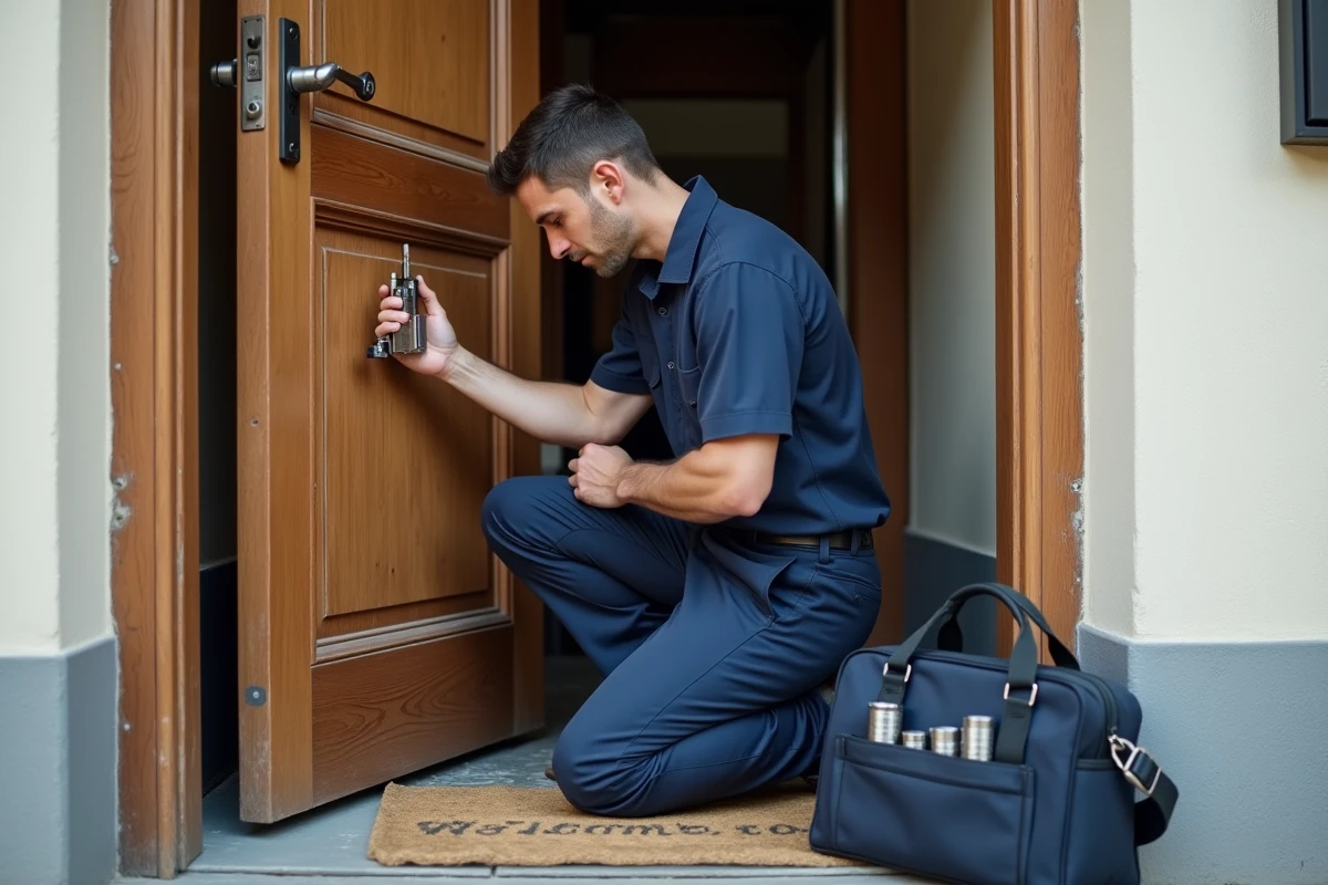 Serrurier professionnel installant une nouvelle serrure sur une porte d'appartement