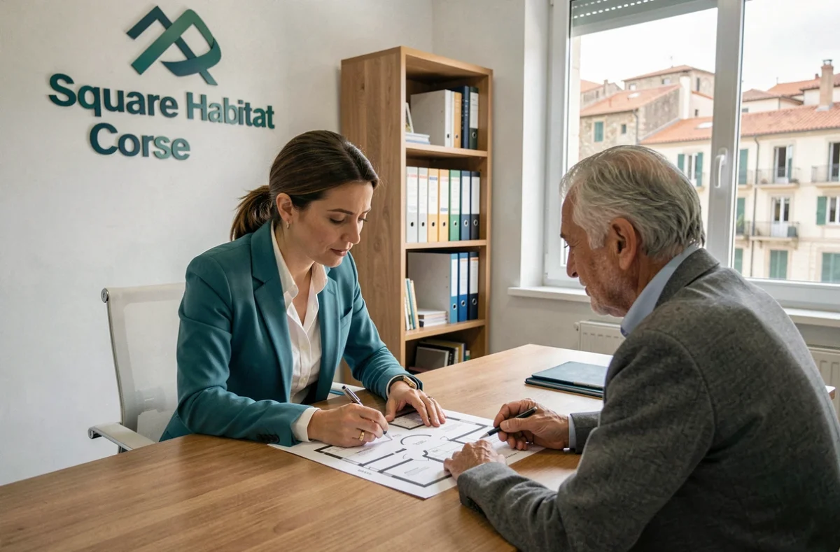 Agente Square Habitat Corse consultant un dossier immobilier avec un client dans les bureaux de Bastia