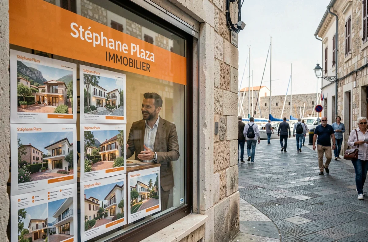 Vitrine de l'agence Stéphane Plaza Immobilier à Bastia avec annonces de propriétés corses et agent visible à l'intérieur