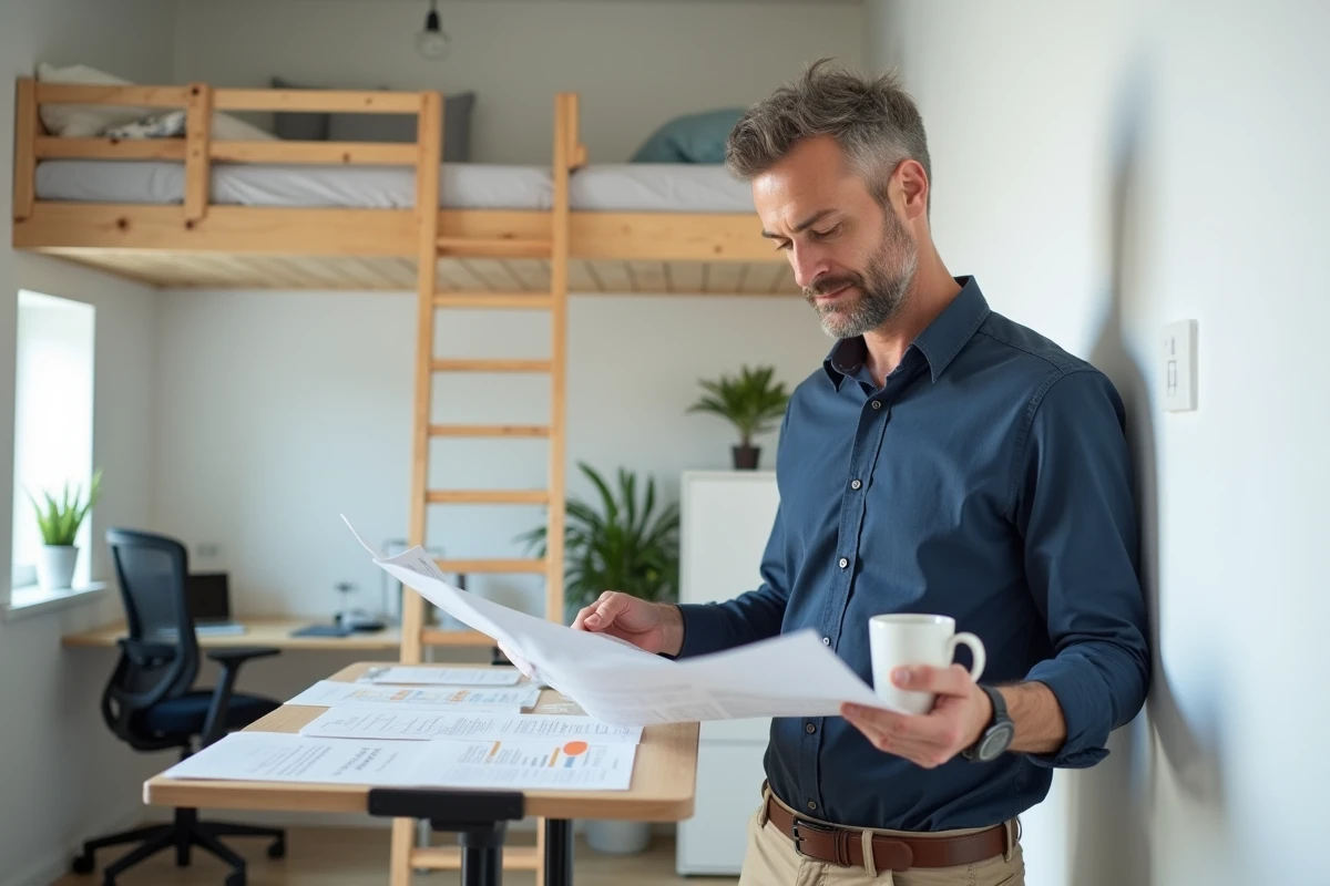Homme en télétravail debout devant un bureau mural rabattable dans un studio optimisé avec mezzanine
