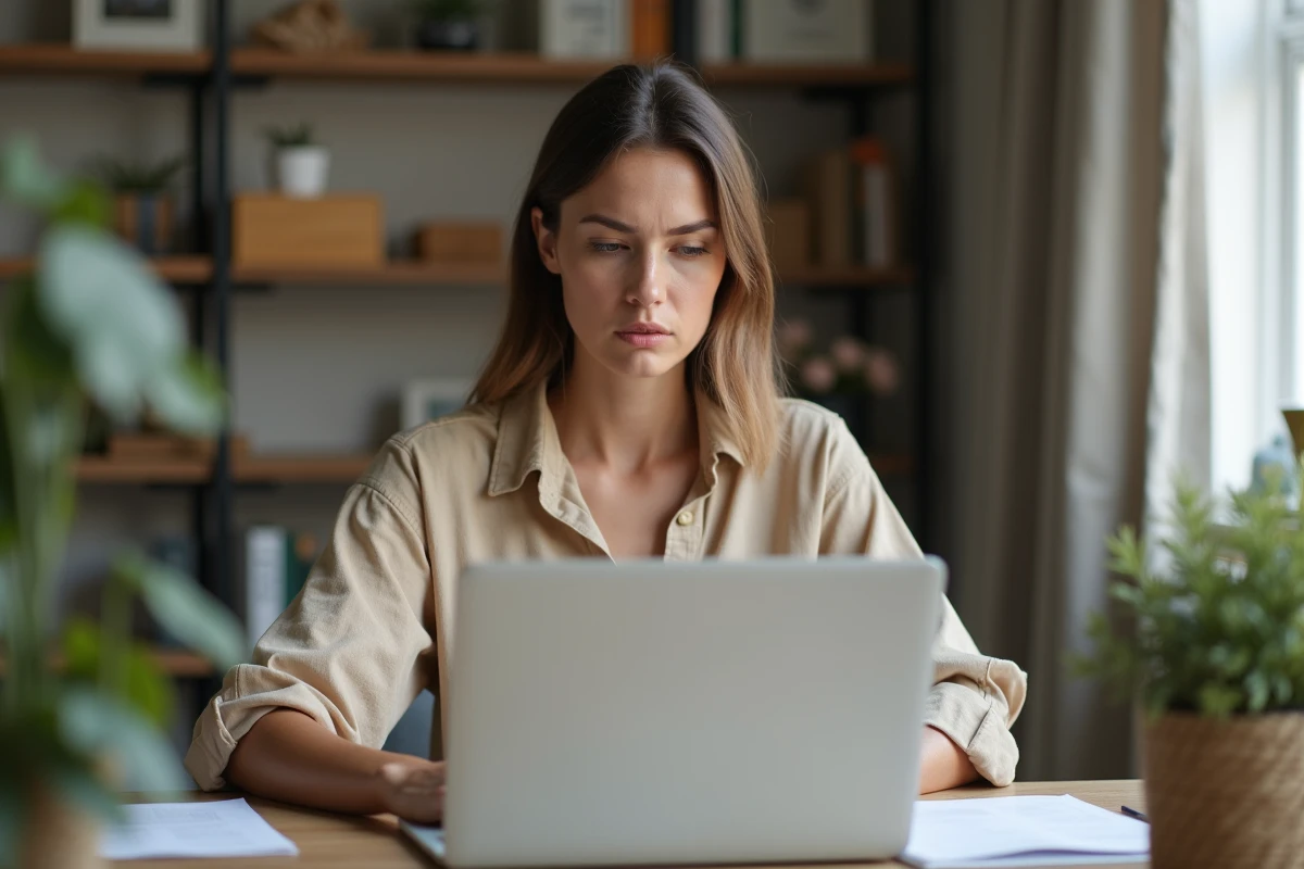 Femme en télétravail depuis son appartement à Annemasse, travailleuse frontalière analysant des documents