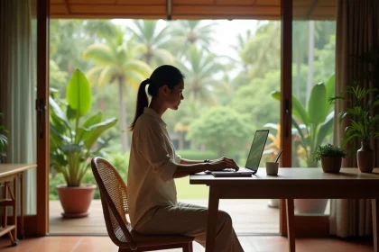 Femme en télétravail dans une maison traditionnelle en Thaïlande avec jardin tropical visible par la fenêtre