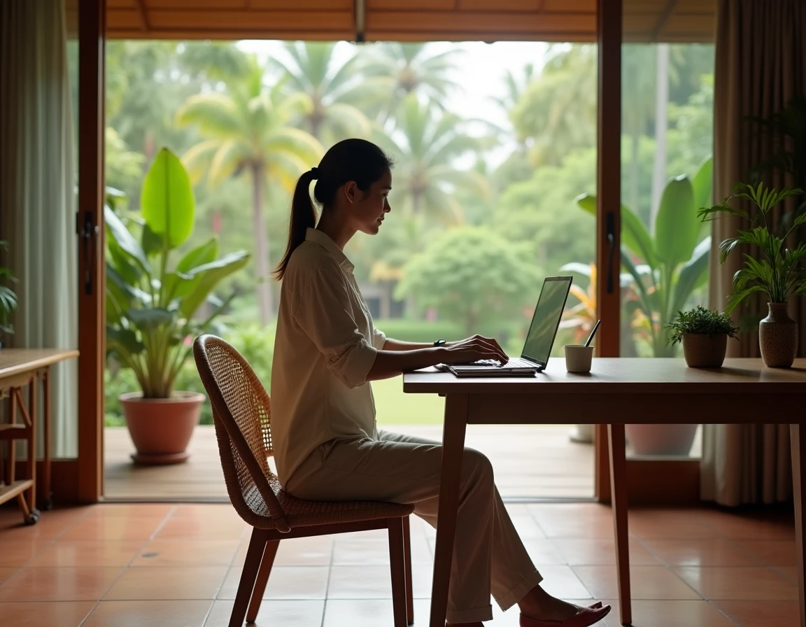 Femme en télétravail dans une maison traditionnelle en Thaïlande avec jardin tropical visible par la fenêtre