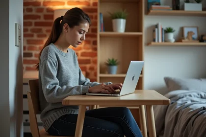 Femme en télétravail dans un studio compact avec bureau en bois et mur en brique apparente