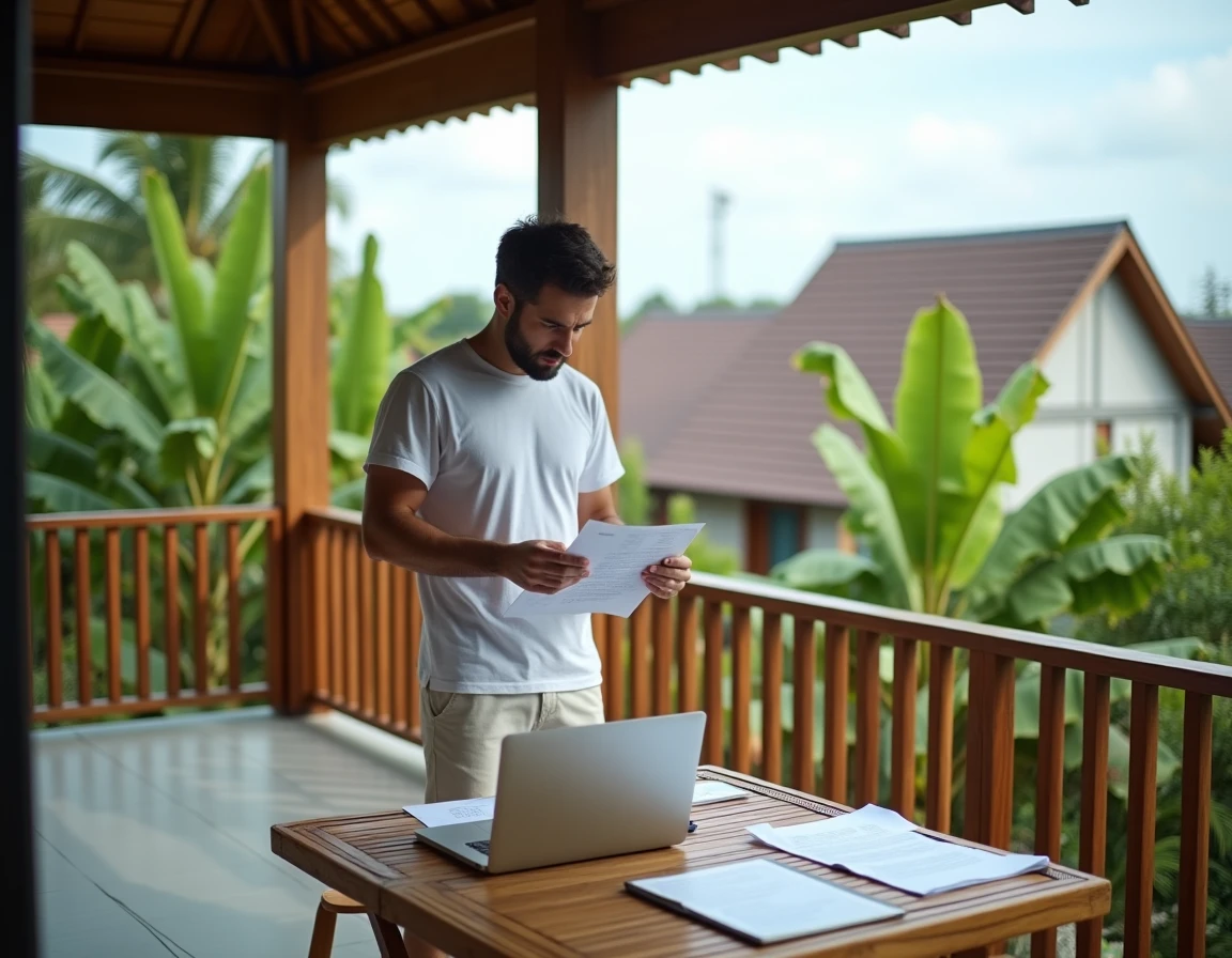 Homme en télétravail sur la terrasse d'une villa moderne en Thaïlande entourée de végétation tropicale
