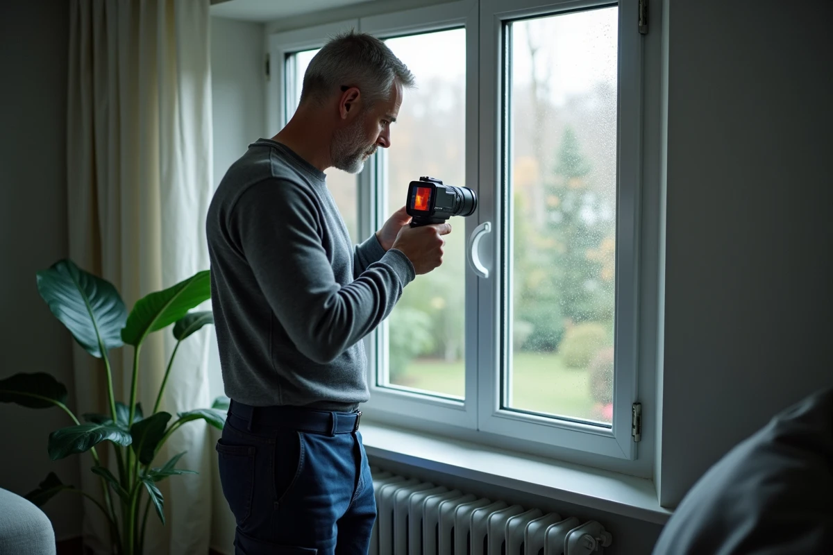 Homme utilisant camera thermique sur une fenetre