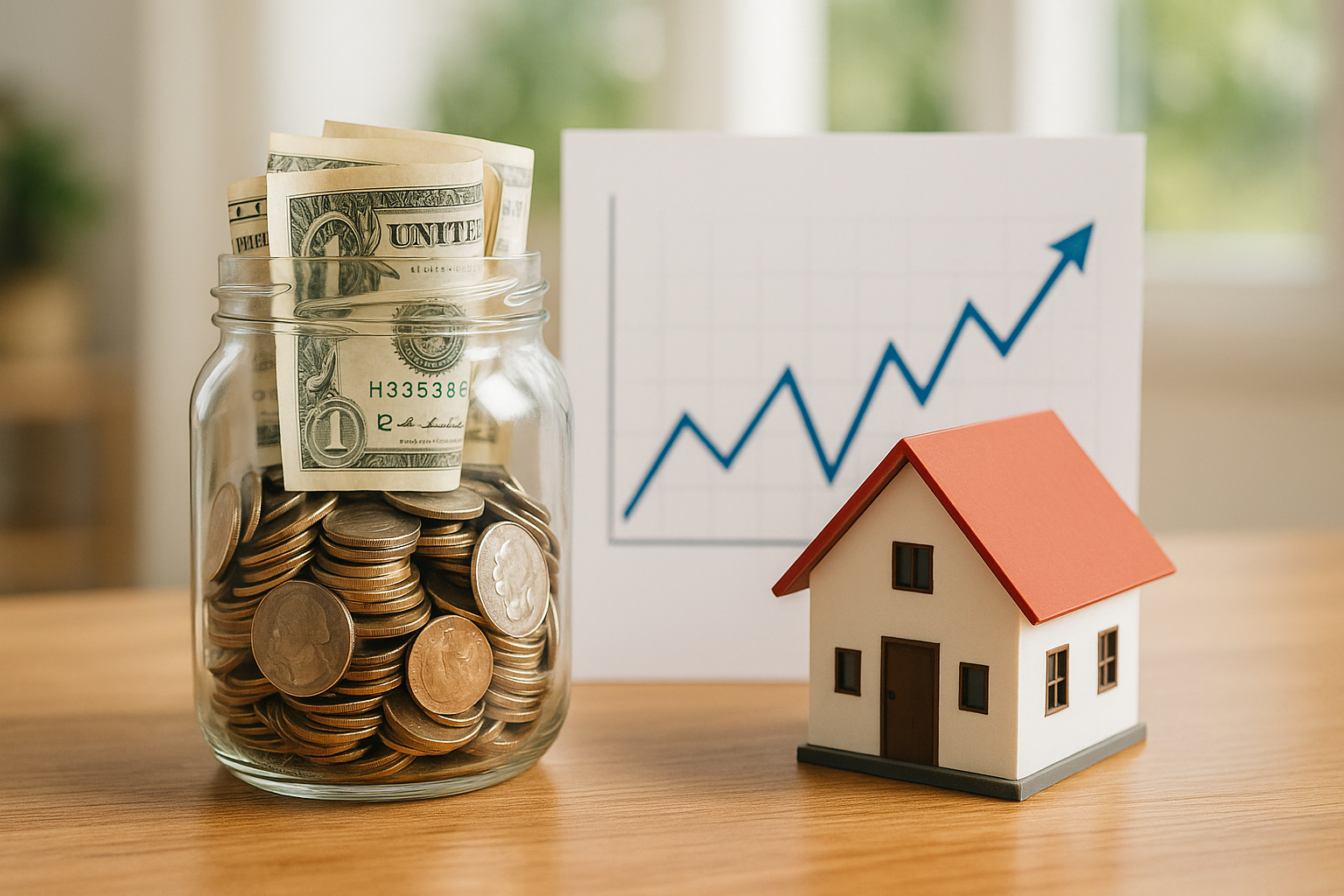 Tirelire avec pièces et billets sur une table avec maison et graphique