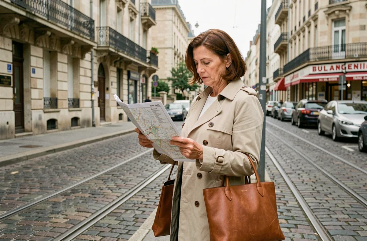 Femme consultant un plan de transports en commun dans un quartier résidentiel de Saint-Étienne