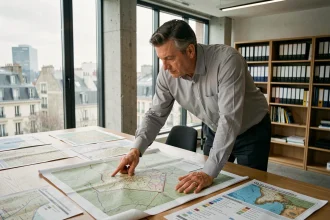 Urbaniste professionnel analysant des cartes géorisques ERRIAL pour un projet immobilier en France