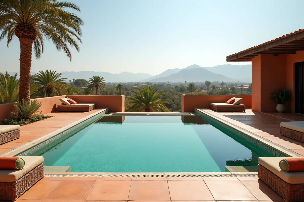 Terrasse avec piscine d'une villa de luxe dans la Palmeraie de Marrakech avec vue sur les montagnes de l'Atlas, idéale pour un achat immobilier étranger