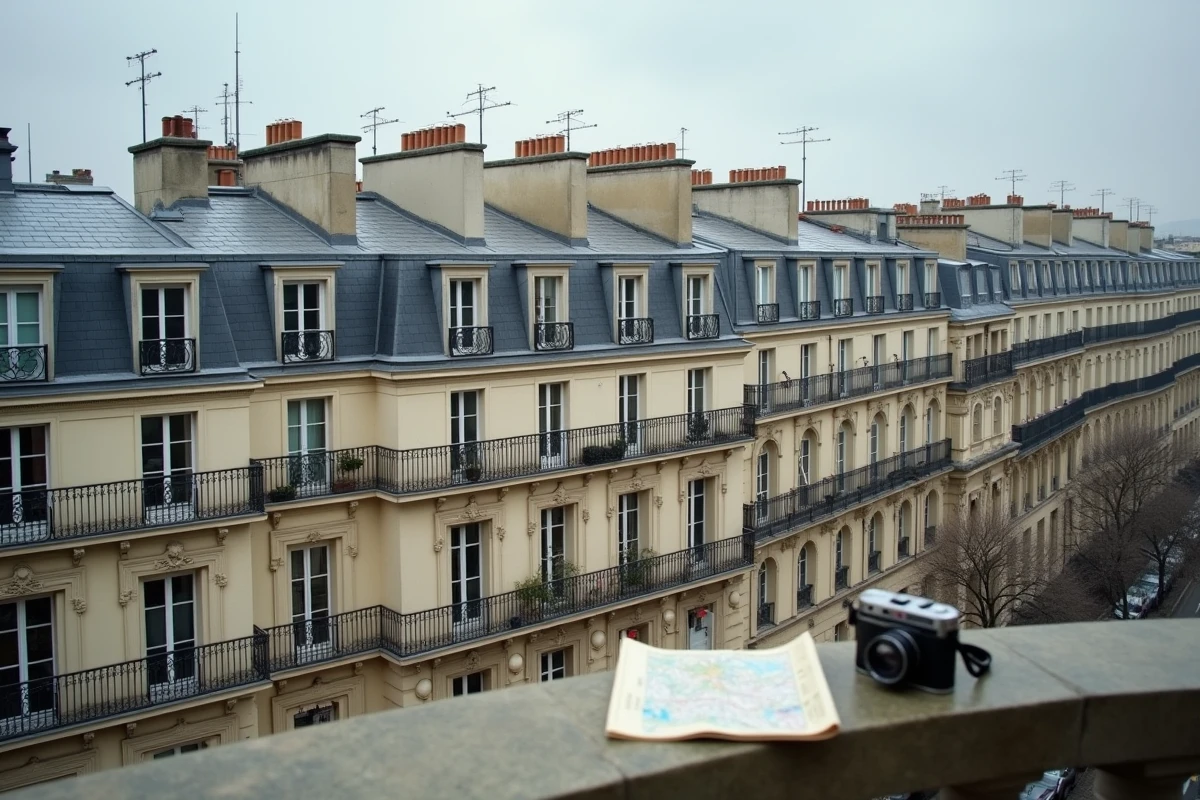 Vue en plongée sur un îlot haussmannien parisien révélant la symétrie des façades, les toitures en zinc et les cours intérieures typiques