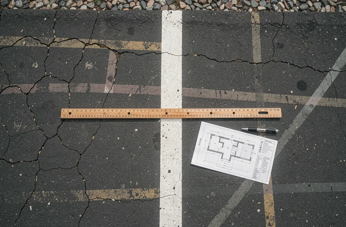 Vue aérienne d'une place de parking mesurée avec une règle pliante et un plan architectural posés sur l'asphalte